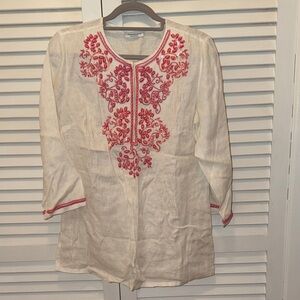 New Charter Club Linen cream  Top with pink embroidery Accents